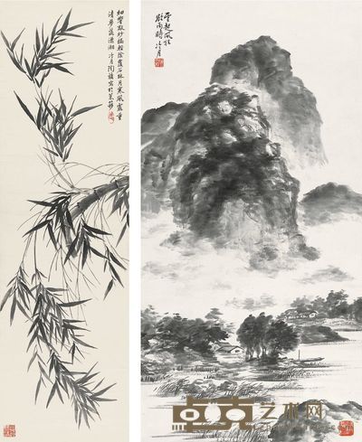 陶冷月 潇湘月寒 云起风狂欲雨时 立轴 114.5×33cm；66×33cm