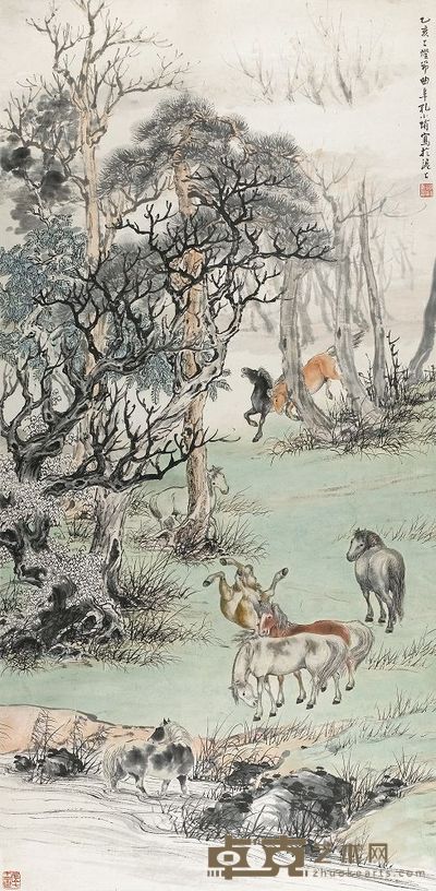 孔小瑜 1935年作 八骏图 立轴 135×66cm