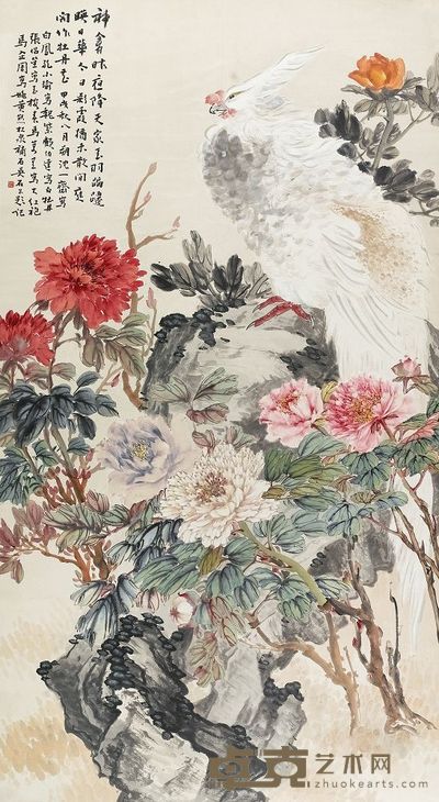 沈一斋 孔小瑜 顾伯达 张侣笙 马万里 马骀 熊松泉 吴石公 彩凤牡丹 立轴 150×82cm
