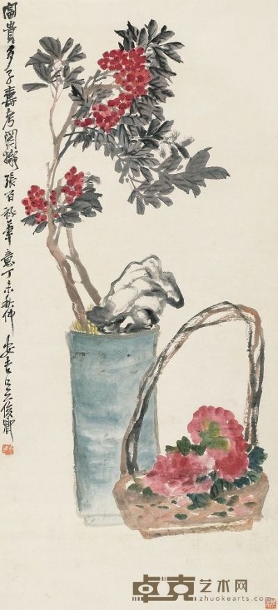 吴昌硕 1907年作 富贵多子寿考图 立轴 119.5×54.5cm