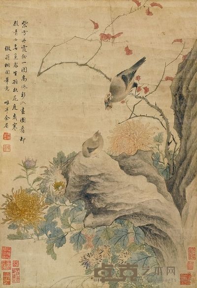 余省 菊石哺雏图 立轴 66×45cm
