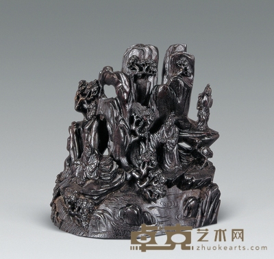 民国 紫檀木雕松石山子 高12.5cm