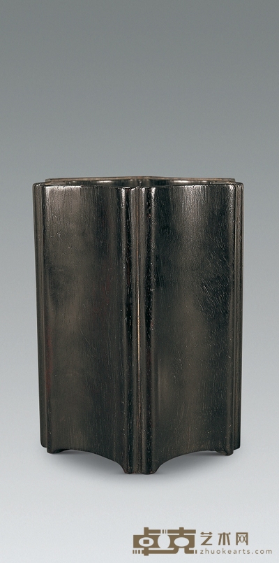 清 紫檀雕六棱海棠形笔筒 高12cm