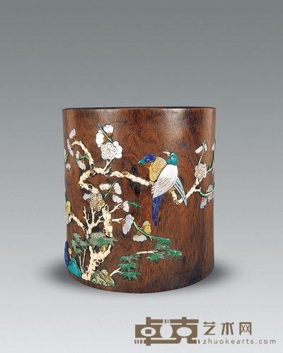 清 黄花梨嵌八宝花鸟笔筒 高16cm