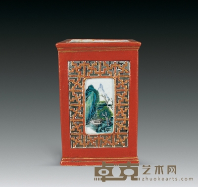 清 珊瑚红透雕粉彩山水方笔筒 高15cm