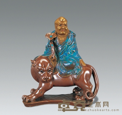 清光绪 紫金炉钧釉骑虎罗汉像 高16cm