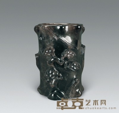清晚期 茶晶雕松竹梅笔筒 高16cm