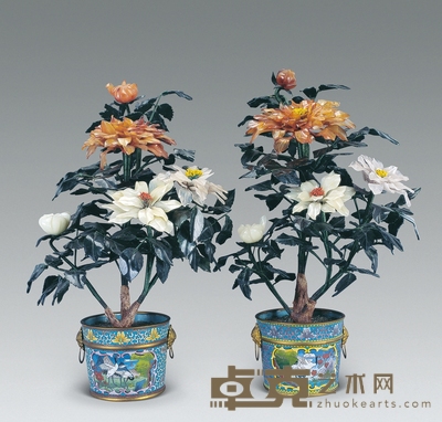 清 景泰兰玉叶盆花 （一对） 高56cm