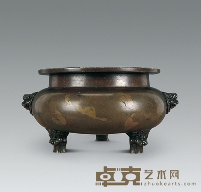 明 铜洒金束腰铺首耳兽足炉 高9.5cm