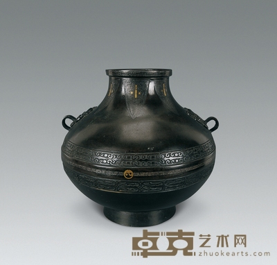 清初 铜错金银环形纹双耳瓶 高25cm