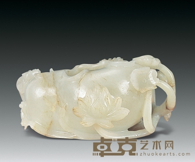 清 白玉雕荷花螭龙洗 长11cm