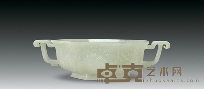 清 青白玉雕花卉纹八棱双耳杯 直径11.8cm