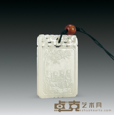 清 白玉雕松下三老牌 长6.2cm