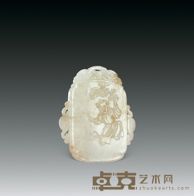 清初 白玉雕欢天喜地牌 长6.2cm
