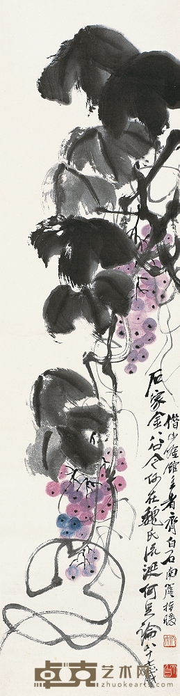 齐白石 1947年作 紫藤葡萄 立轴 132×34cm