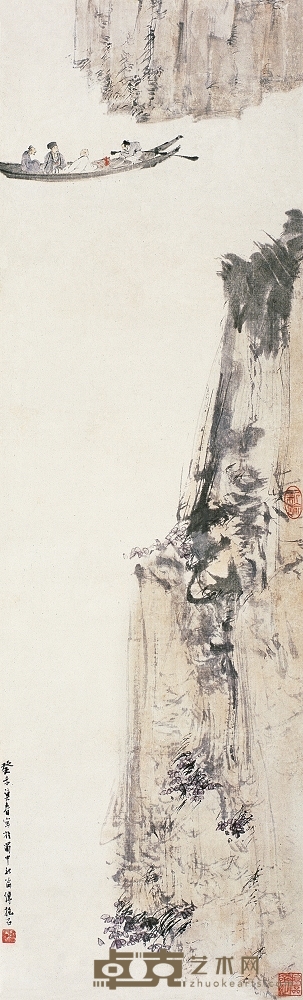 傅抱石 1943年作 泛舟图 立轴 97×29.5cm