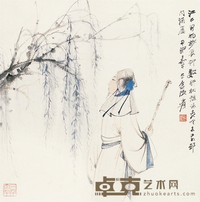 张大千 1944年作 柳下高士图 镜心 30×30cm