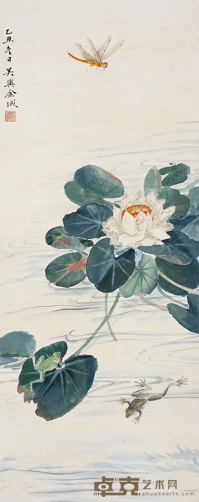 金城 1925年作 荷塘 立轴 71×28cm
