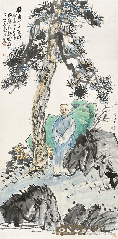 王震 鹤青瑶 松菊延年 立轴 137.5×68cm