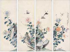 李延芝 草虫花卉 四屏