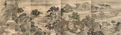 袁耀绢本山水八通屏 83×35×8