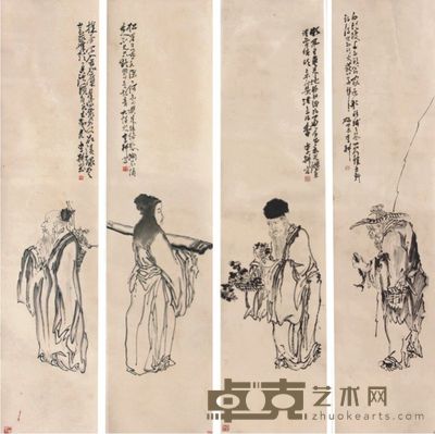 李耕人物四屏 136×33×4