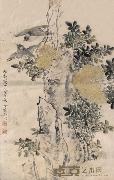丁宝书花鸟立轴 70×45
