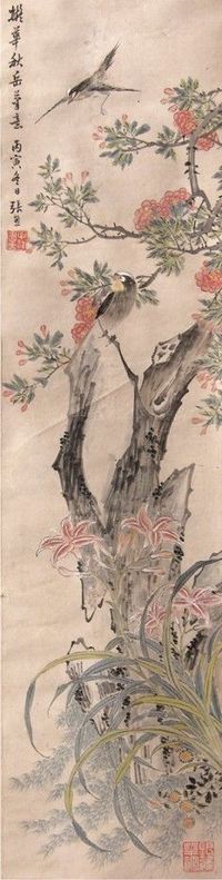 张熊花鸟立轴