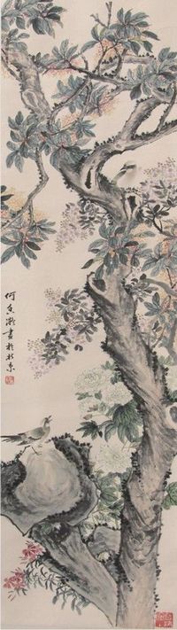何香凝花鸟立轴