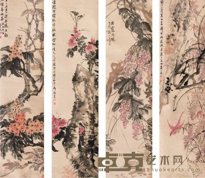 马万里花卉四屏 146×39×4