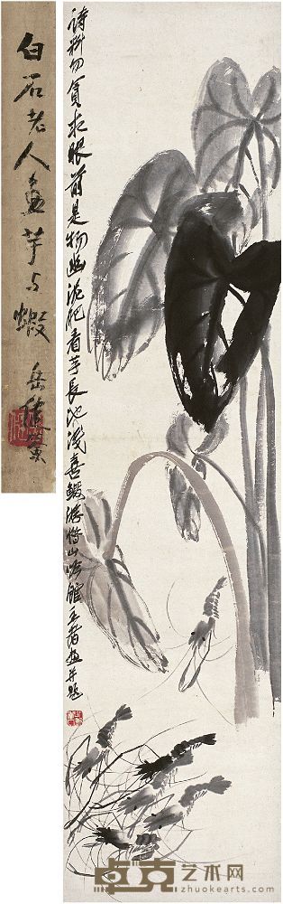 齐白石（1863～1957）芋艿游虾图 立轴 136×33.5cm