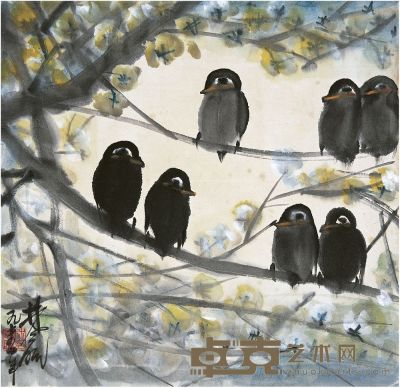 林风眠（1900～1991）梨花群鸟 镜片 34.5×34cm