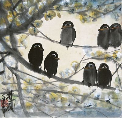 林风眠（1900～1991）梨花群鸟 镜片