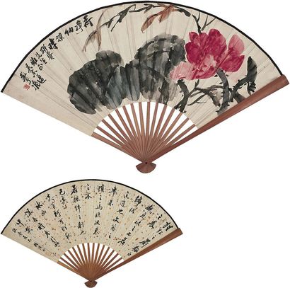吴东迈（1885～1963）顾渭川（1885～1966）荷花图·书法 成扇