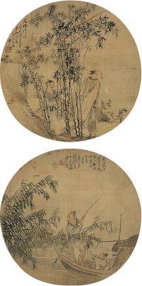 沙馥（1831～1906）茂林修竹图·渔夫图 扇轴