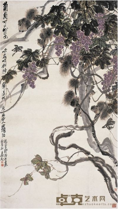 吴昌硕（1844～1927）程璋（1869～1938）胡郯卿（1875～1923后）葡萄松鼠图 立轴 142.5×81.5cm