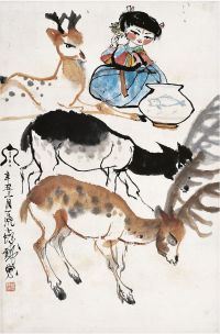 程十发（1921～2007）三鹿吮泉图 镜片