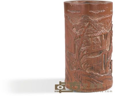 清·竹刻山水、花卉笔筒二只 径:6.5cm高:11.8cm径:6.6cm高:11.8cm