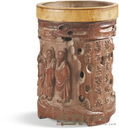 竹雕人物笔筒 高：15.3cm