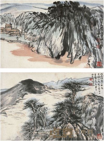 陆俨少（1909～1993）山水册页（二页） 23×34.5cm   22.8×34cm