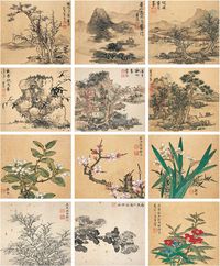 蓝瑛（1585～1664后）孙照 山水花卉册 册页（十二开、另跋文二开）