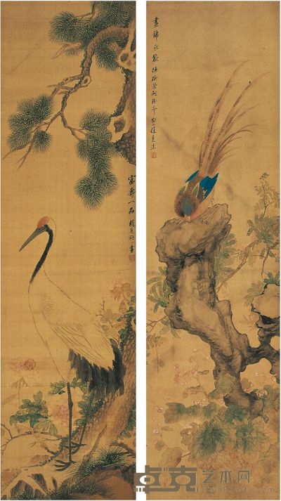 赵冕［清］锦鸡·仙鹤图 立轴（二幅） 157×42.8cm×2