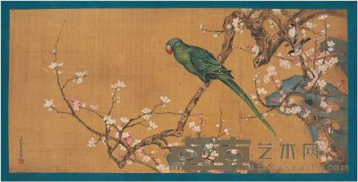 班达里沙［清·干隆］桃花鹦鹉图 镜片 31×63.5cm