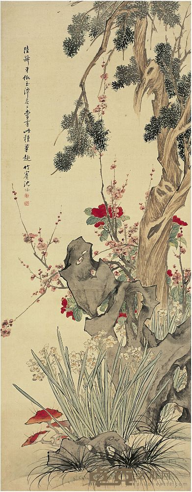 沉焯（？～1901后）梅柏芝仙祝寿图 立轴 138×54.5cm