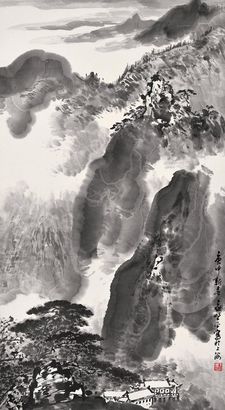 应野平 庚申(1980年)作 松山雨霁 立轴