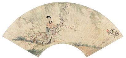 胡锡珪 辛巳（1881年）作 落花扫庭图 扇面