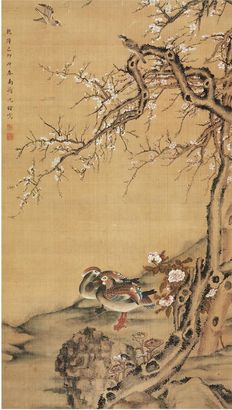 沈铨 乾隆己卯（1759年）作 梅花鸳鸯 镜心
