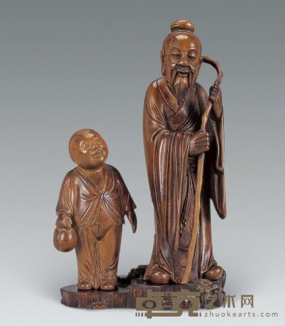 民国 黄杨木雕老翁童子摆件 高20.5cm；高12.5cm