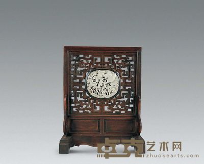 明 红木嵌白玉雕春水插屏 高25cm