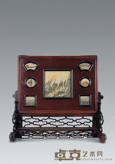 清 花梨木嵌云石插屏 高60cm；宽55cm